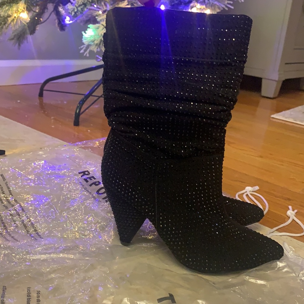 Black shimmer rhinestone booties. 6.5.